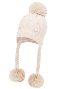 Czapka dla dziewczynki MALAKI Merino na zimę z trzema pomponami beż | Jamiks