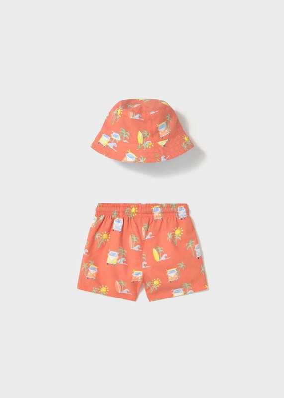 Zestaw plażowy Mayoral dla chłopca – kapelusz bucket hat i szorty kąpielowe w pomarańczowy wzór wakacyjny , szorty kąpielowe