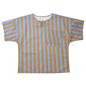 Koszulka 067-25 T-SHIRT WH BUTTON LIGHT BLUE & OCHRE STRIPES ( 100% COTTON )