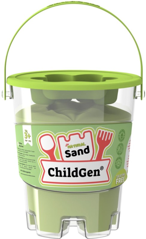 Zielony piasek kinetyczny ChildGen w opakowaniu 500g z dołączoną foremką. Naturalny skład, zapach brzoskwini.
