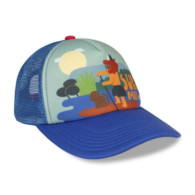 Autorska grafika na czapce dziecięcej Super Me Blue Small Kids Cap DASHKI – dynamiczny design polskich ilustratorów