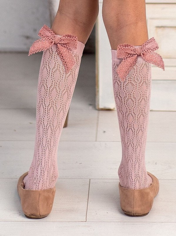 podkolanówki LACEY COTTON CANDY brudny róż z kokardą