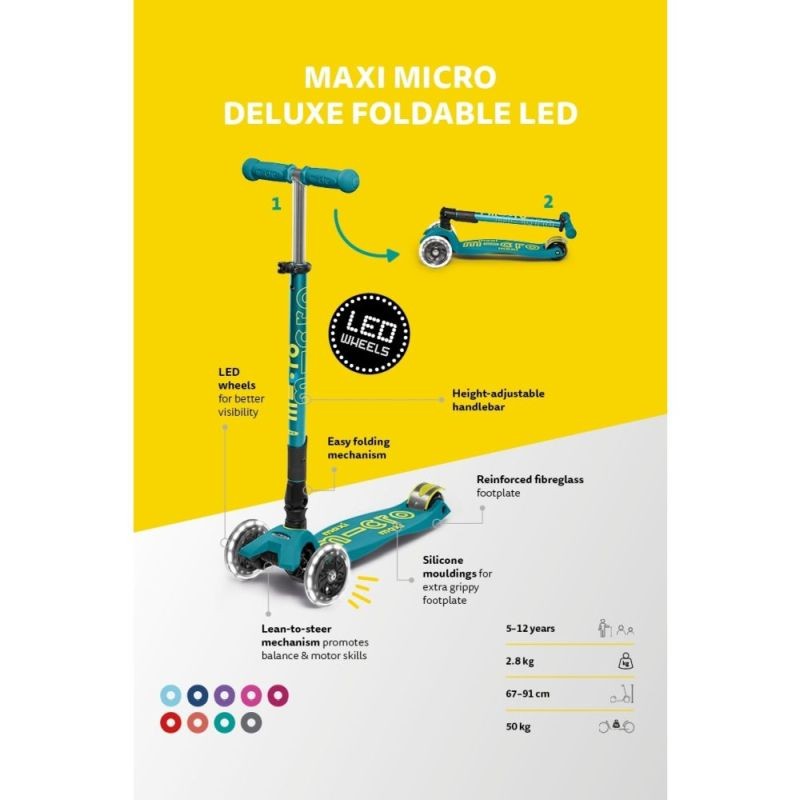 Maxi Micro Deluxe hulajnoga dziecięca LED Bright Blue składana