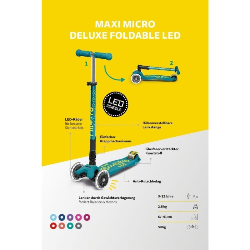 Maxi Micro Deluxe składana LED – hulajnoga w kolorze Shocking Pink dla dzieci od 5 lat