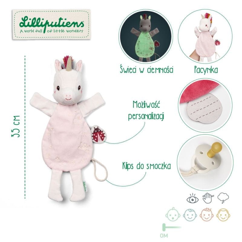 Przytulanka pacynka Lilliputiens Jednorożec Lena dla niemowlaka