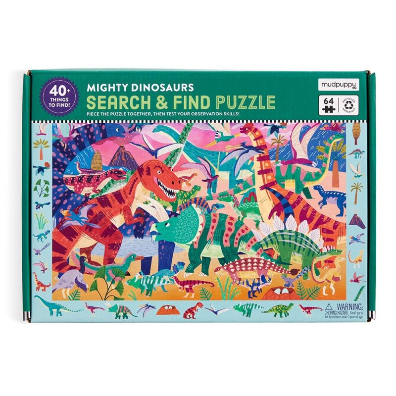 Zbliżenie na elementy do odnalezienia w puzzlach Mudpuppy Potężne Dinozaury