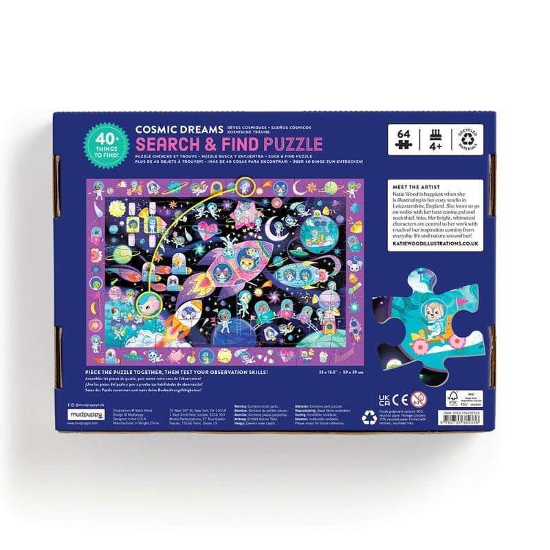 Zbliżenie na elementy do odnalezienia w puzzlach Mudpuppy Kosmiczne Marzenia