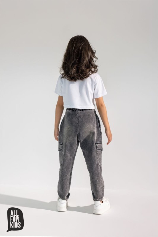 Dziewczęce spodnie cargo z dzianiny jeansowej – grafitowe