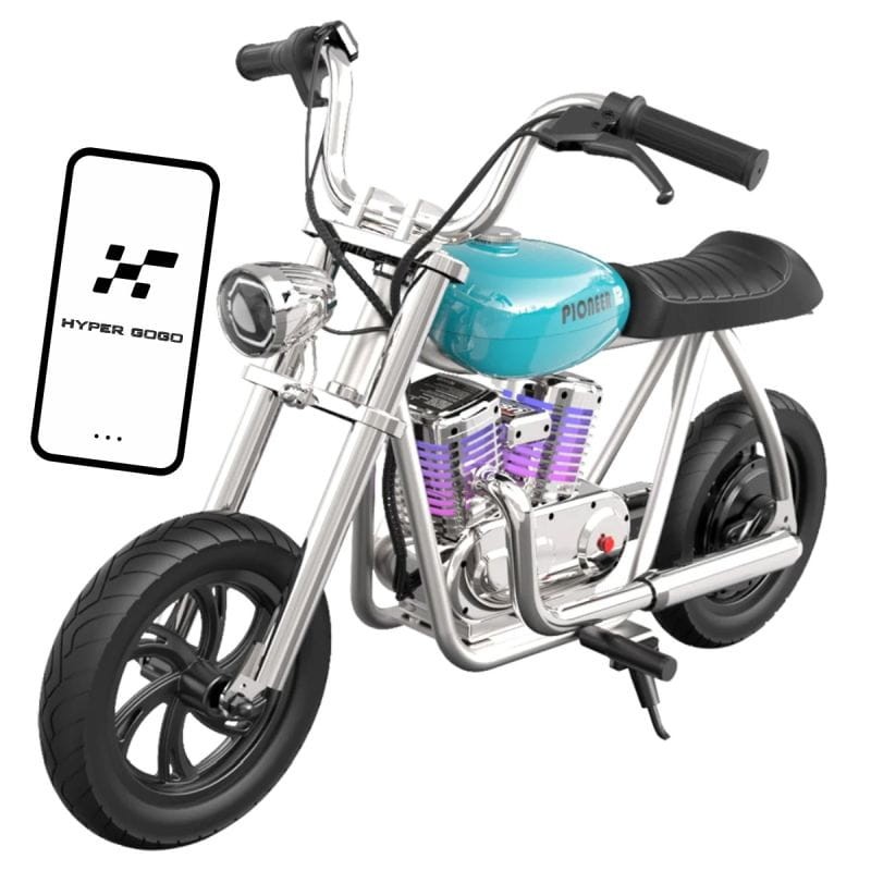 Niebieski motocykl elektryczny Hyper Gogo Pioneer 12 Plus z aplikacją