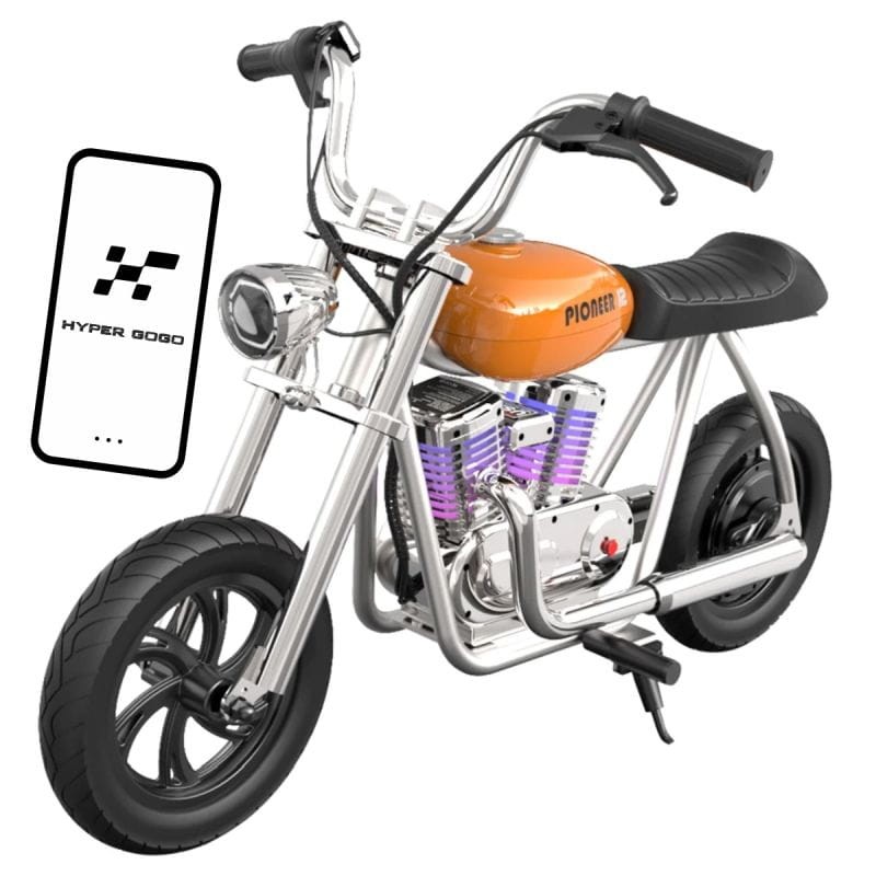 Pomarańczowy motocykl elektryczny Hyper Gogo Pioneer 12 Plus z aplikacją