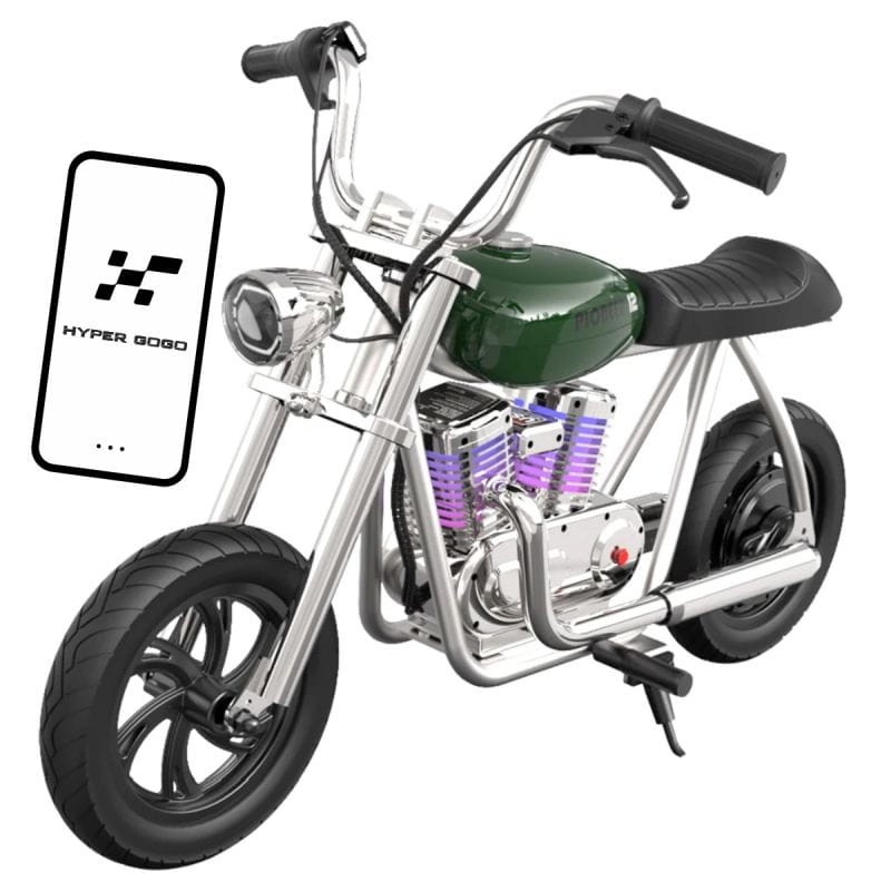 Zielony motocykl elektryczny Hyper Gogo Pioneer 12 Plus z aplikacją