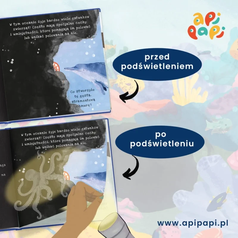 Dziecko oglądające książkę „Oceany. Podświetl i Odkryj” z podświetleniem ilustracji