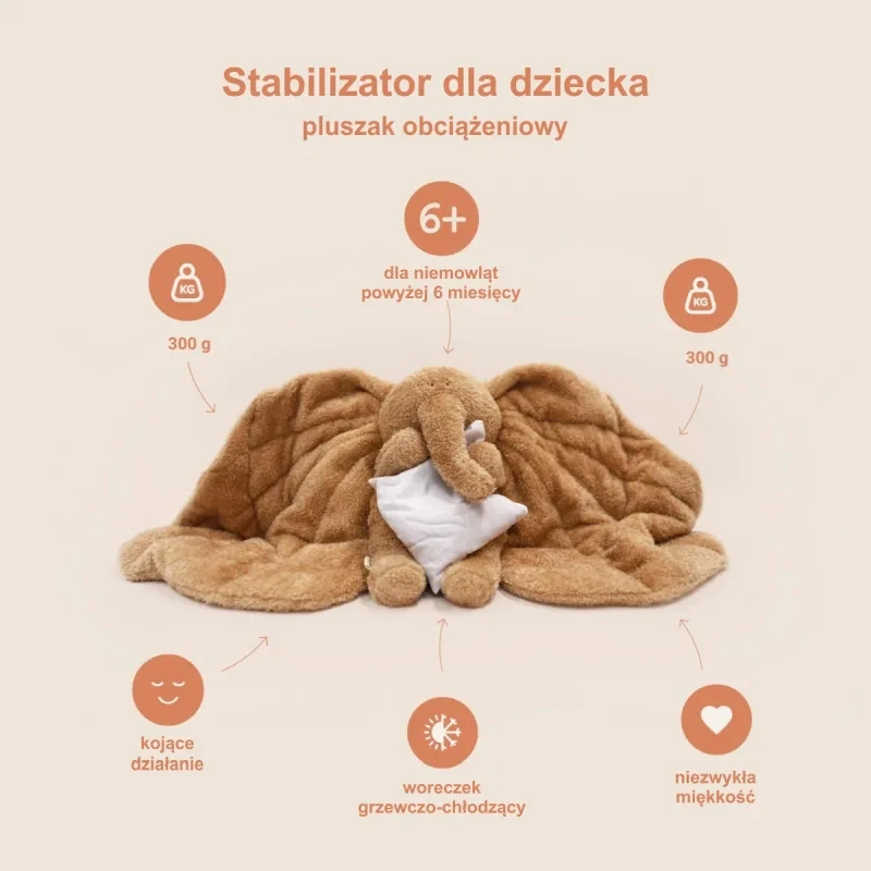 słoń pluszowy z dużymi obciążonymi uszami – zabawka sensoryczna