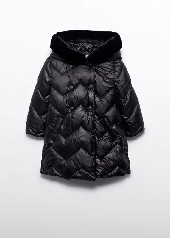 Długa czarna kurtka pikowana dla dziewczynki Abel & Lula