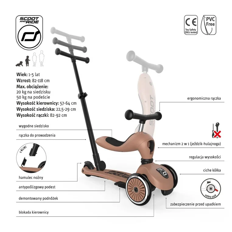 Hulajnoga trzykołowa z siedziskiem i rączką do prowadzenia – Scoot & Ride Highwaykick 1 Mocha
