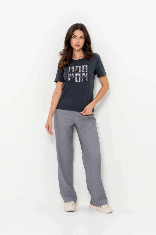Grafitowy T-shirt damski BOPOCO wykonany z bawełny i elastanu