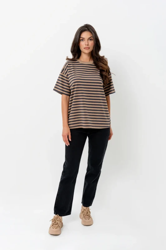 Klasyczny brązowy T-shirt damski Bopoco Stripes Harmony