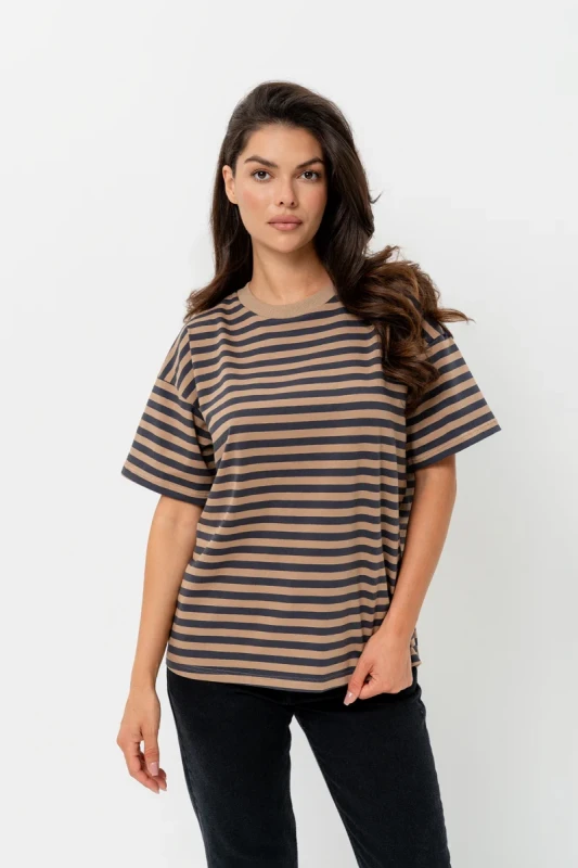 T-shirt damski Bopoco Stripes Harmony brąz w paski