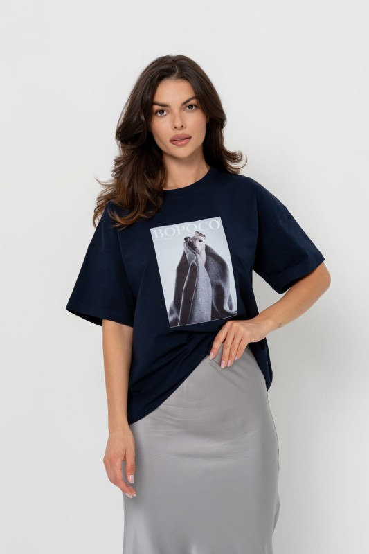 T-shirt damski Bopoco Midnight Classic granatowy – klasyczny krój