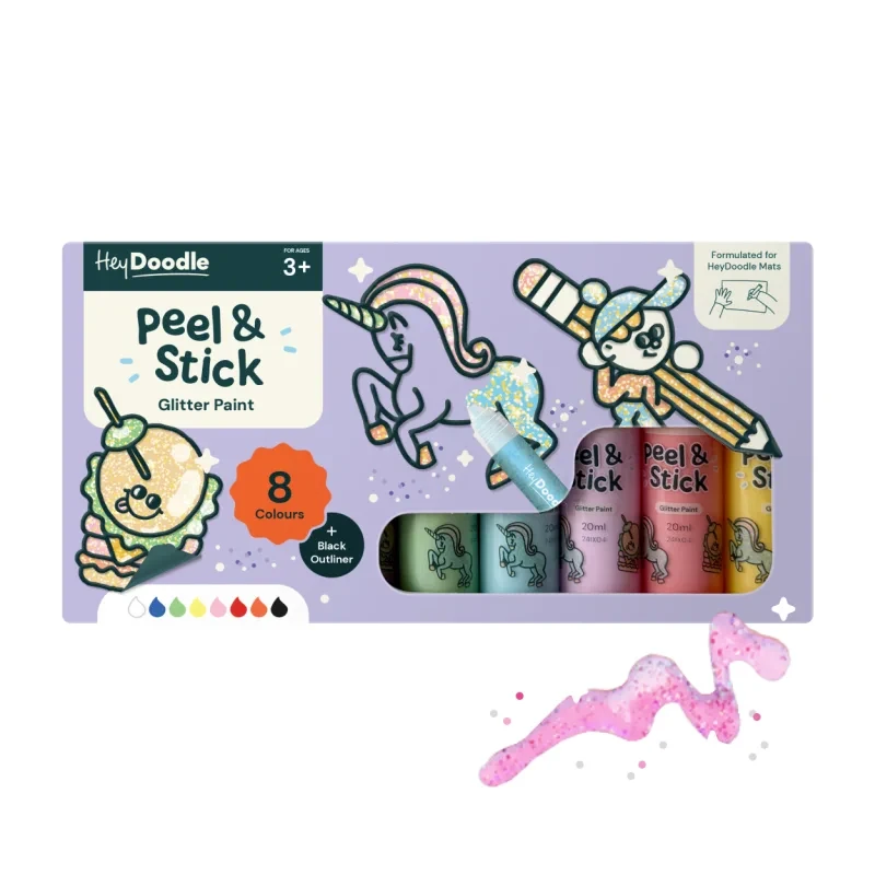 Brokatowa farba HeyDoodle Peel & Stick Paint HDAP011 – zestaw 9 tubek