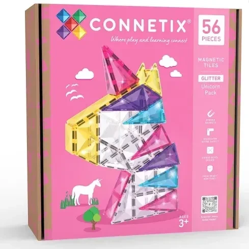 Klocki magnetyczne CONNETIX Glitter Unicorn Pack 56 el. – brokatowe płytki w pastelowych kolorach