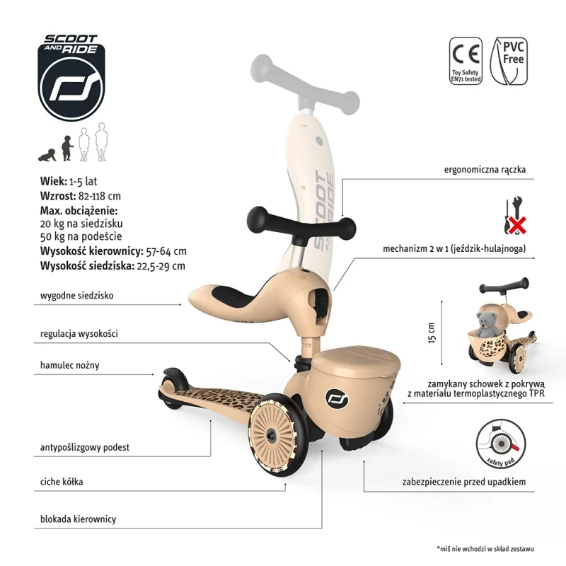 Scoot & Ride Highwaykick 1 Lifestyle Leopard – widok z zamykanym schowkiem