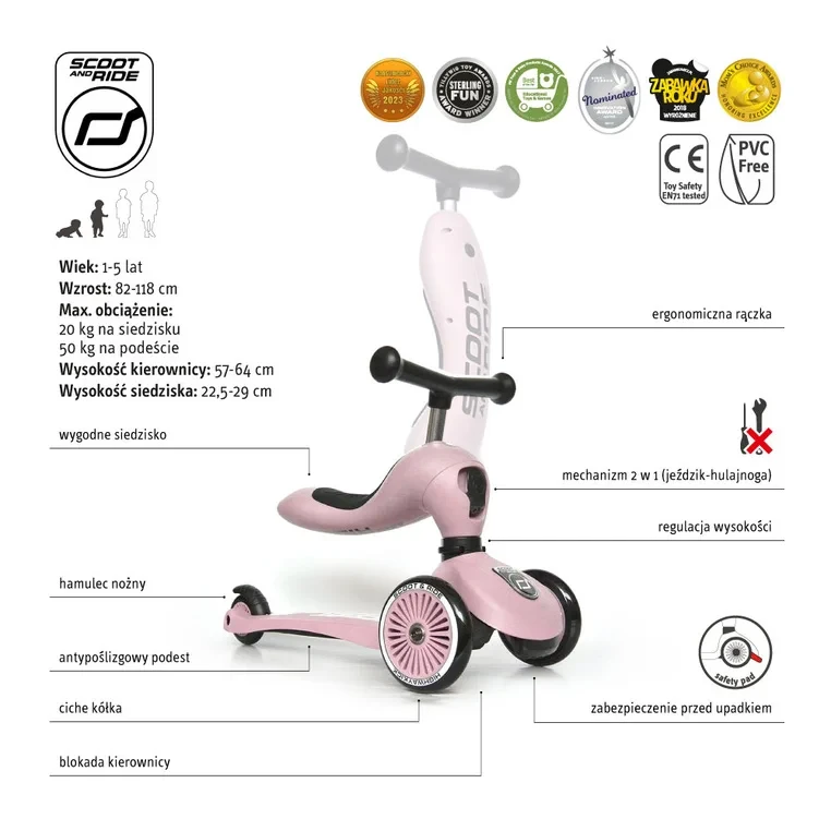 Scoot & Ride Highwaykick 1 Rose – widok z przodu
