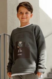 Bluza w kolorze khaki z grafiką kota na przodzie All For Kids