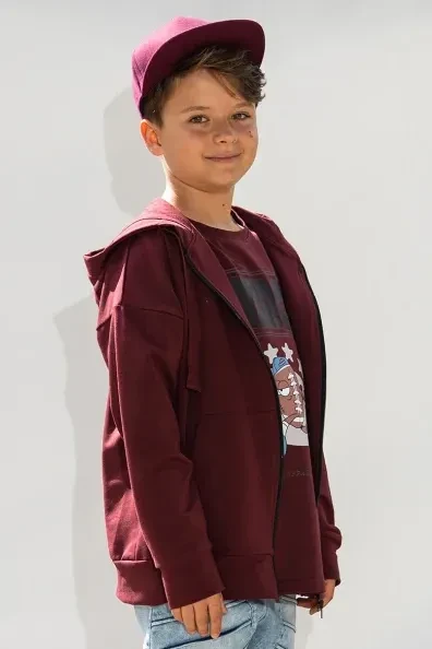 Bordowa rozpinana bluza dziecięca All For Kids z kapturem i grafiką na plecach – 95% bawełna, 5% elastan