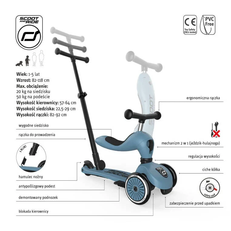Hulajnoga z siedziskiem dla dzieci 1–5 lat Scoot & Ride Steel