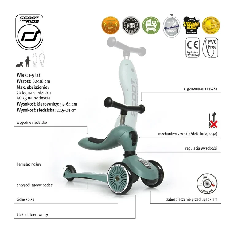 Zielony jeździk i hulajnoga Scoot and Ride Highwaykick 1 Forest