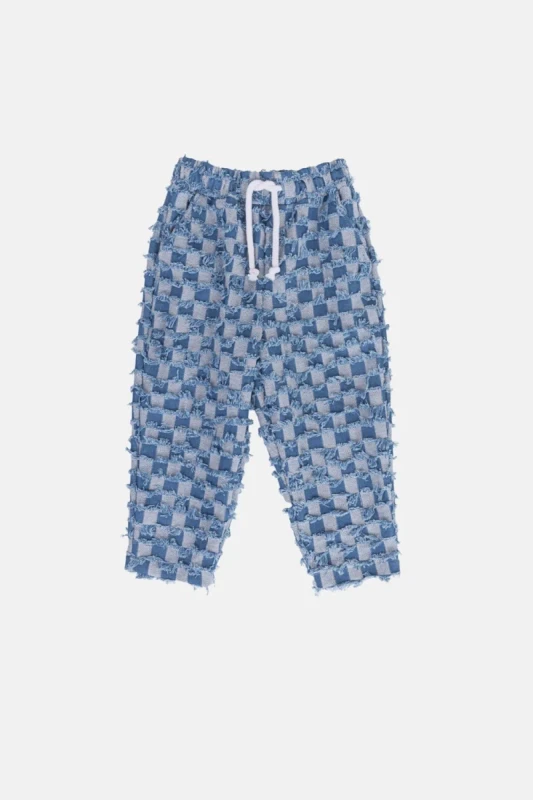 Spodnie dziecięce DENIM CHECKERED PANTS Minikid BLUE – przód spodni