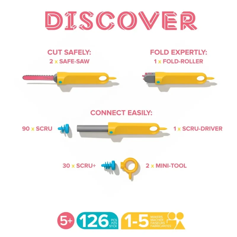 Elementy zestawu Makedo Discover 126 el. – śrubki, piła i narzędzia