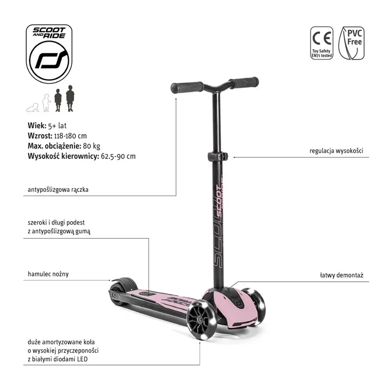Trójkołowa hulajnoga balansowa LED Scoot & Ride Rose