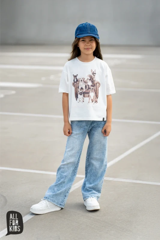 T-Shirt dziewczęcy z nadrukiem psów All For Kids