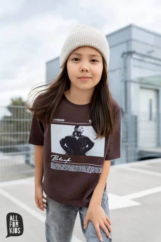 Czekoladowy T-Shirt dziewczęcy All For Kids z nadrukiem