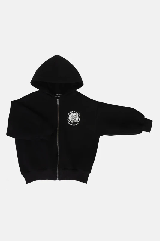 Bluza na zamek z kapturem BLACK SKULL ZIP HOODIE Minikid – czarna bluza z nadrukiem czaszki