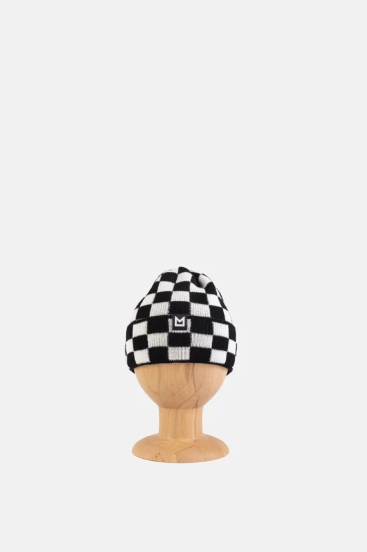 Czapka CHECKERED MERINO HAT Minikid – zimowa czapka dziecięca 100% wełna merino w biało-czarną kratę