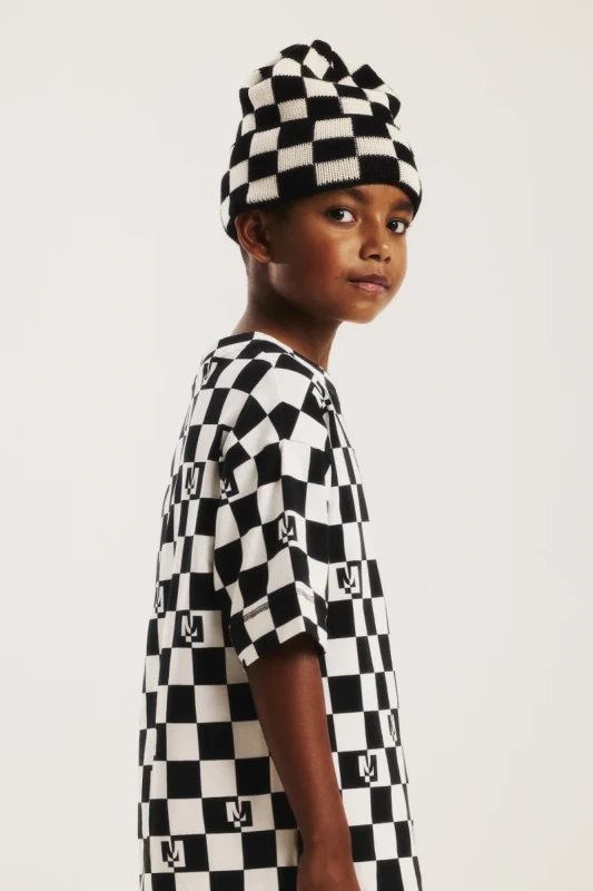 Czapka CHECKERED MERINO HAT Minikid – biało-czarna zimowa czapka dziecięca