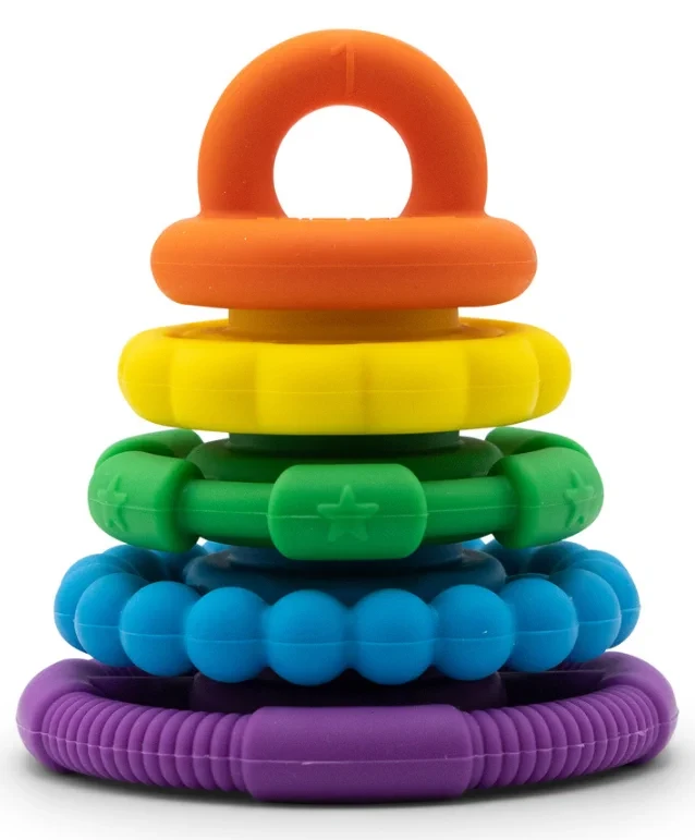 Silikonowa piramida Rainbow Jellystone Designs – gryzaki i wieża sensoryczna dla niemowląt