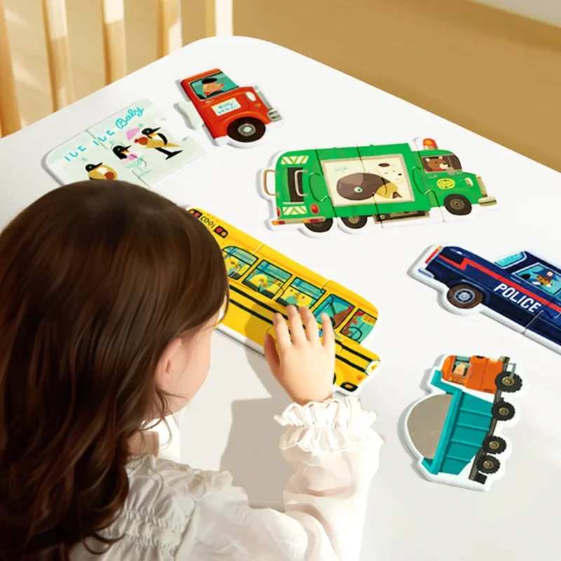 Puzzle Mideer 6w1 – samochody, śmieciarka i autobus szkolny