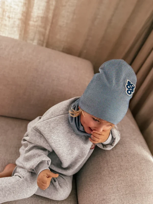 Czapka STRIPE RIBBING BEANIE WINTER beige/blue – BOOSO | Podwójna czapka prążkowana unisex