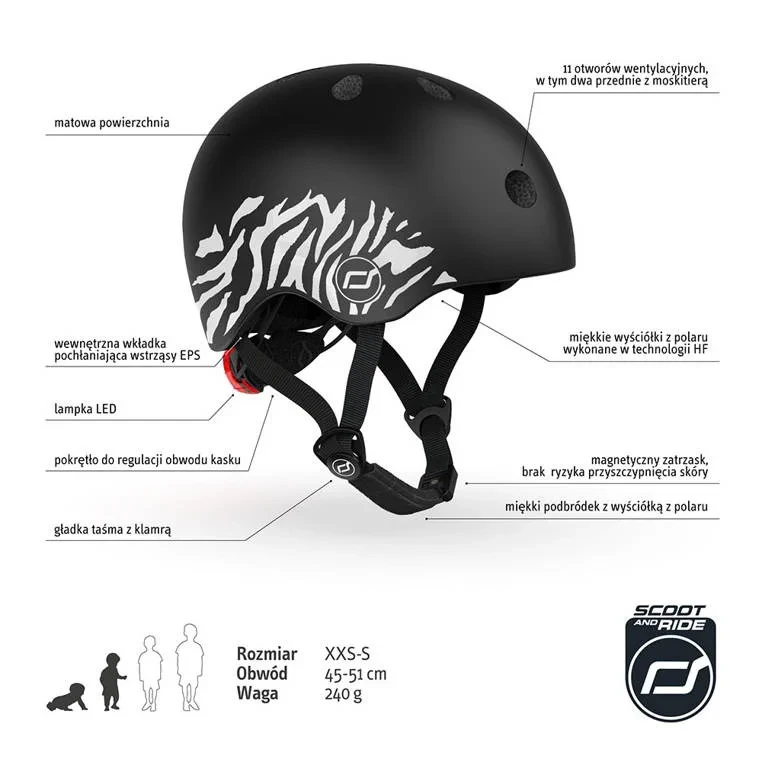 Kask SCOOT&RIDE Zebra z lampką LED i 11 otworami wentylacyjnymi