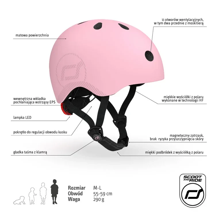 Kask SCOOT&RIDE M-L Rose z lampką LED i 11 otworami wentylacyjnymi