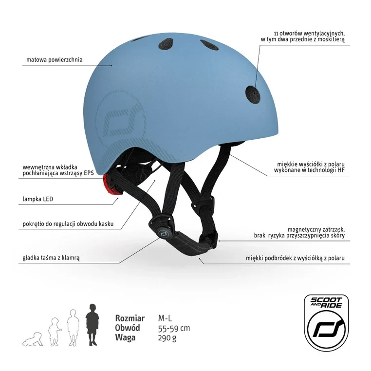 Kask SCOOT&RIDE M-L Steel z lampką LED i 11 otworami wentylacyjnymi