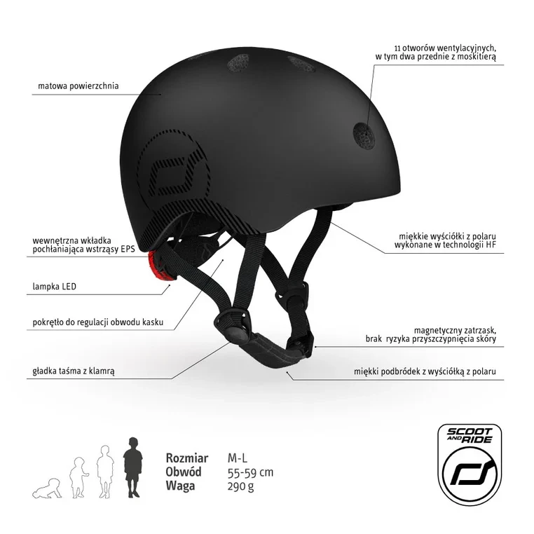 Kask SCOOT&RIDE M-L Black z lampką LED i 11 otworami wentylacyjnymi