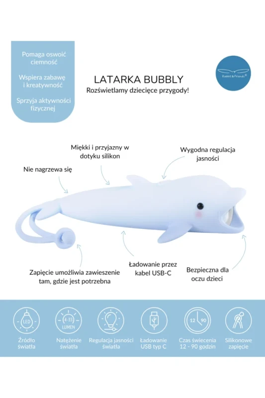 Latarka Delfin BUBBLY 3+ Rabbit & Friends – bezpieczna, regulowana, USB-C