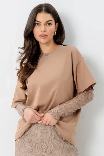 Beżowy longsleeve damski koronkowy BOPOCO