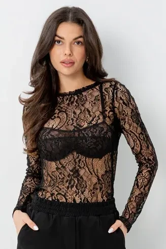 Czarny longsleeve damski koronkowy BOPOCO