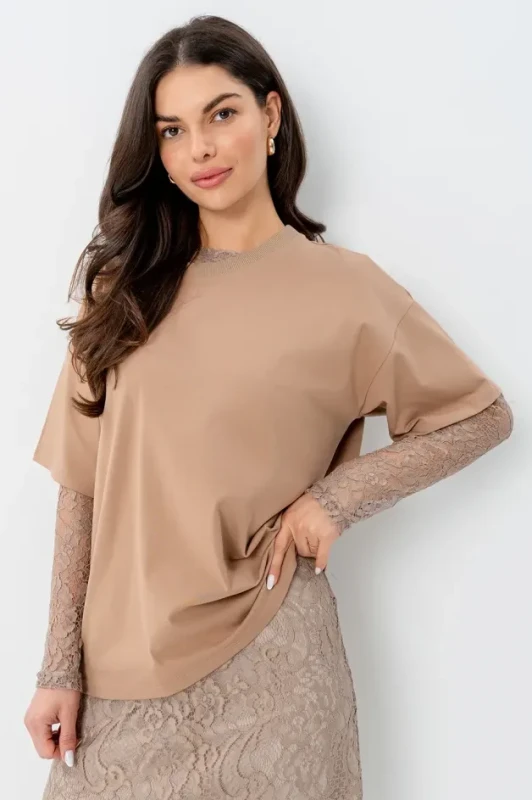 Beżowy T-shirt damski LOOKS WE LOVE BOPOCO